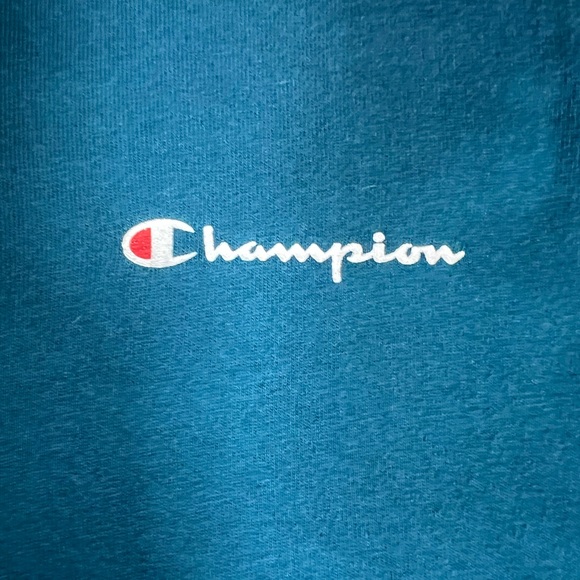 Y2K Champion Script Logo T-Shirt Teal Blue XL Embroidered - Picture 4 of 4